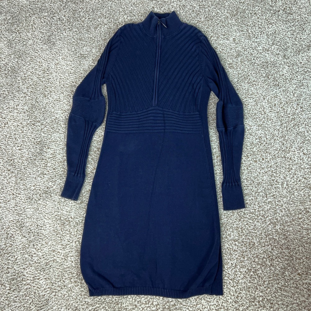 Athleta Dress Women Large Blue Casual 1/2 Zip Ribbed Knit Organic Cotton Sweater